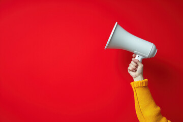 megaphone holding in hand on red background