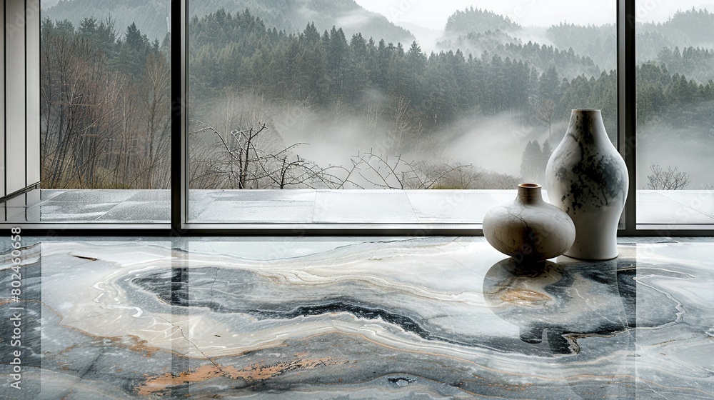 Poster two vases sit on a table facing a window, showcasing views of a mountain and a forest