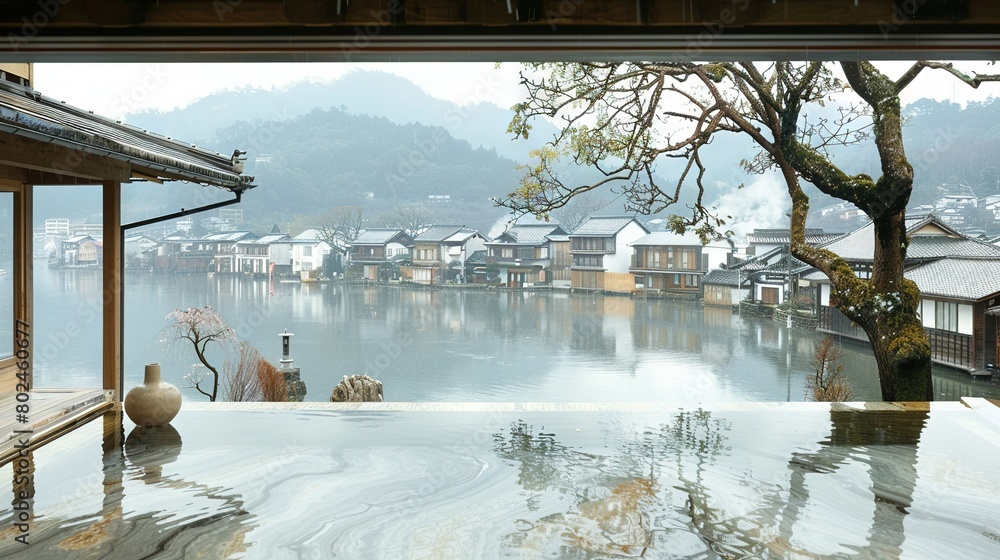 Poster a picture of a lake with houses behind it and a bench in front with a tree in the distance
