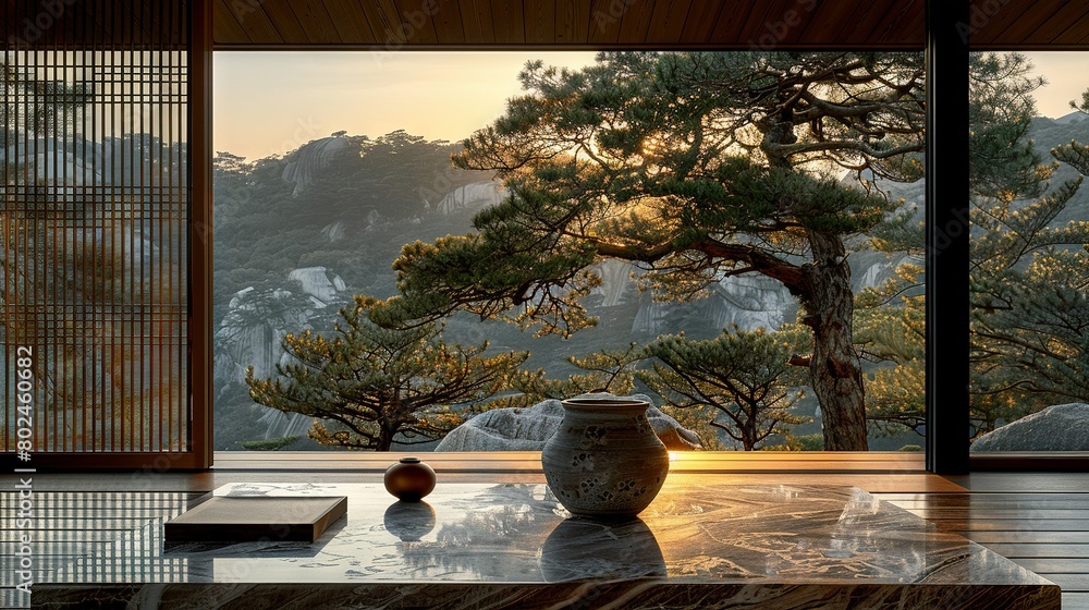 Poster a vase sits on a table facing a tree-mountain view through a window
