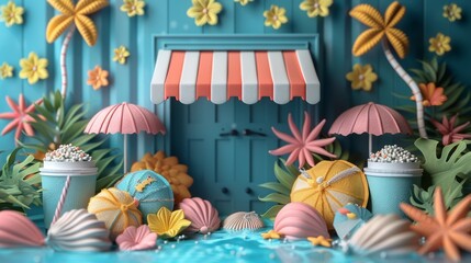 Summer Sale Poster Featuring Colorful Tropical Theme with Flowers, Sunglasses, and Shells