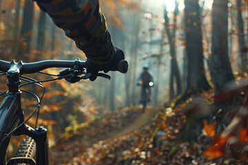 Cyclist on mountain bike riding on a bike on forest path