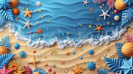 Summer Time Beach Scene with Starfish, Shells, and Waves in a Vibrant Artistic Illustration