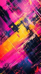 A colorful abstract painting with a pink and yellow stripe