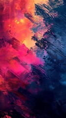 A colorful abstract painting with a blue and red background