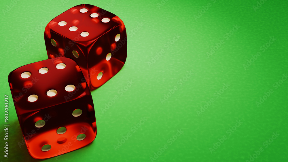 Poster gambling game banner. two red dice on the green table. 3d render.