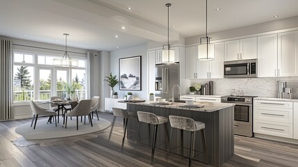 Fototapeta premium a spacious home kitchen featuring an island, dining table, and chairs, adorned with white cabinets, stainless steel appliances, a grey marble countertop, and warm wood flooring.