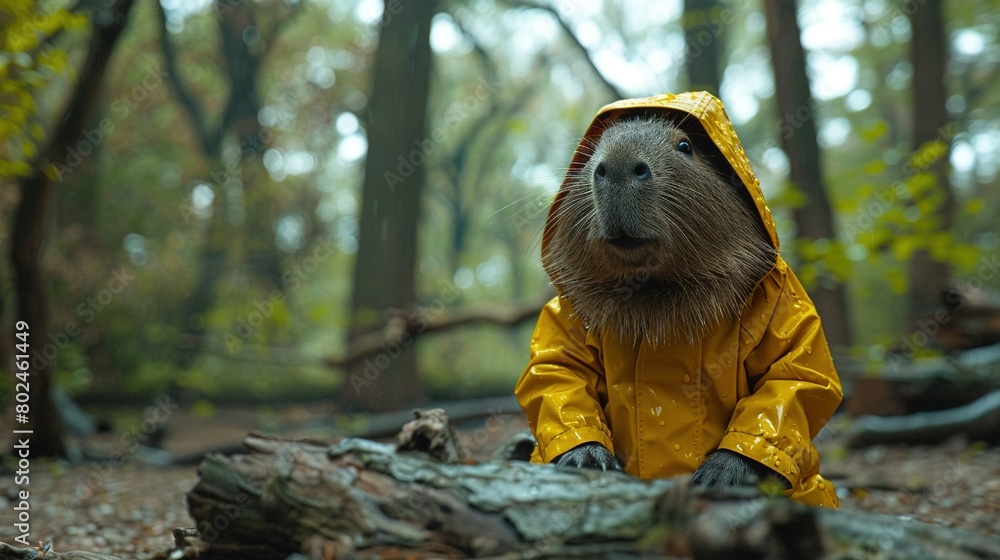 Poster capybara in yellow raincoat on log in forest with trees in background