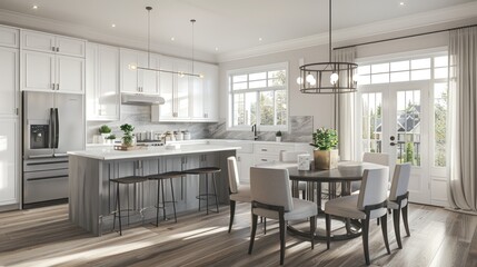 Fototapeta premium a spacious home kitchen featuring an island, dining table, and chairs, adorned with white cabinets, stainless steel appliances, a grey marble countertop, and warm wood flooring.
