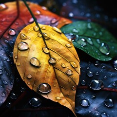 Vibrant Autumn Leaf with Raindrops