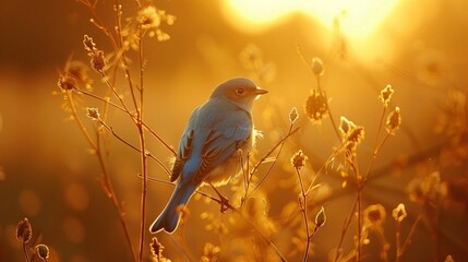 A bluebird perched on a branch as the golden hour lighting shone, with a shallow depth of field