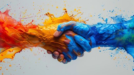 A hand shake between two people with colorful hands. Concept of unity and collaboration