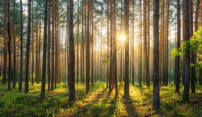 Beautiful forest landscape with tall trees and sunlight shining through the branches