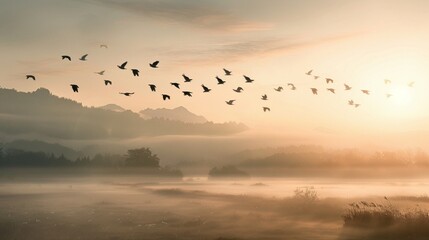 A flock of birds flying over the misty landscape at sunrise, with distant mountains