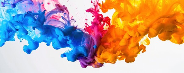 Colorful ink flowing in water on white background