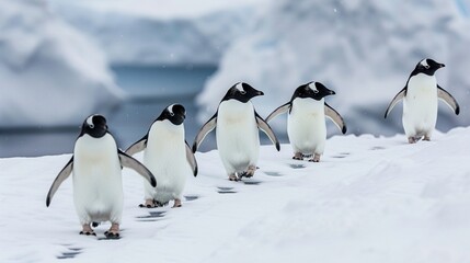 A group of penguins, leaving footprints in the snow on an ice shelf, birds walking across thick white snowcovered ground - Powered by Adobe