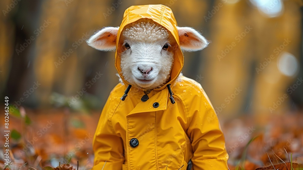 Wall mural a sheep wearing a yellow raincoat turns its head to face the camera while standing in a field of lea