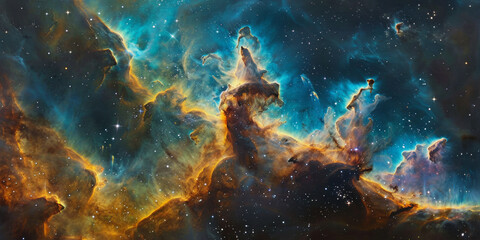 Vivid Cosmic Space Nebula Painting with Swirling Gases and Star Formations in Blue, Orange, and Yellow