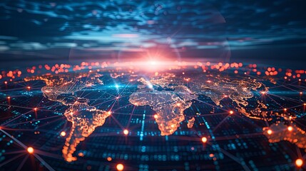 Fototapeta premium A computer generated image of the world with a bright orange sun in the center