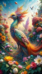 Fototapeta premium Magical bird phoenix of bright colour among spring garden flowers, good luck talisman, fantastic beast, background image, mobile phone wallpaper, background for cellphones, mobile phone, iOS, Android 
