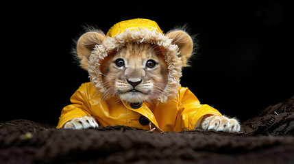   A small lion cub in a yellow raincoat and hat sits in dirt and stares at the camera - obrazy, fototapety, plakaty