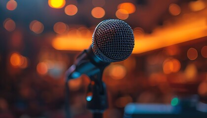 a microphone in front of an audience at the business conference, blurred background with people during a presentation or book signing