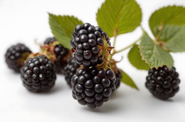 A bunch of blackberries with green leaves on a white background. Amora