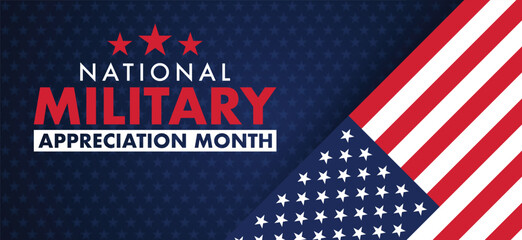 National Military Appreciation Month is celebrated every year in May, Poster, card, banner and background. Vector illustration. banner design with American flag theme and colors, stars, stripes