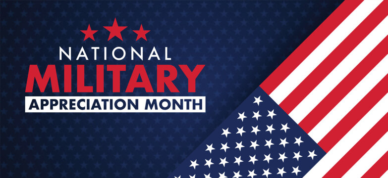 National Military Appreciation Month is celebrated every year in May, Poster, card, banner and background. Vector illustration. banner design with American flag theme and colors, stars, stripes