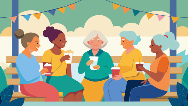 A group of elderly women sitting together on a porch sipping lemonade and sharing stories about their participation in the Civil Rights movement with. Vector illustration