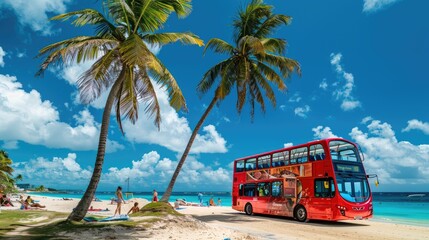 Majestic Red Double Decker Bus Gliding Along the Coastal Sands