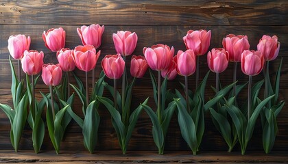 A rustic wooden background with pink tulips arranged in rows, creating an elegant and timeless floral composition for various uses in the style of various artists