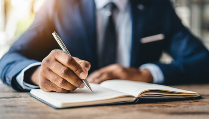 Businessman in suit writes notes, symbolizing professionalism and strategy in corporate settings