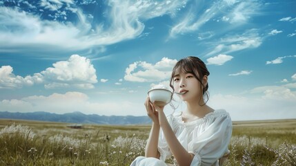 woman drinking coffee in the grassland during the day