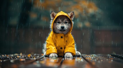   A tiny pooch donning a bright yellow slicker coat sits on a wooden plank amidst pouring rain,...