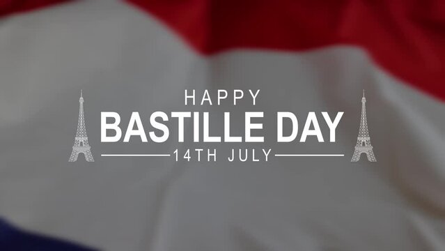 Happy Bastille Day Lettering Text Animation, White color with frech flag motion . Great for Celebrations, Ceremonies, Festivals, greetings, and banners. Happy Bastille Day 14th of July. 