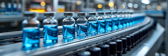 Row of Laboratory Vials Containing Blue Liquid,
Bottles of water lined up on a conveyor belt ready for packaging in a factor