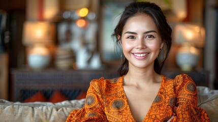 Obraz premium Woman Smiling on Couch
