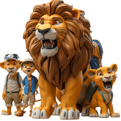 A 3D animated cartoon render of a roaring lion approaching a group of surprised tourists.