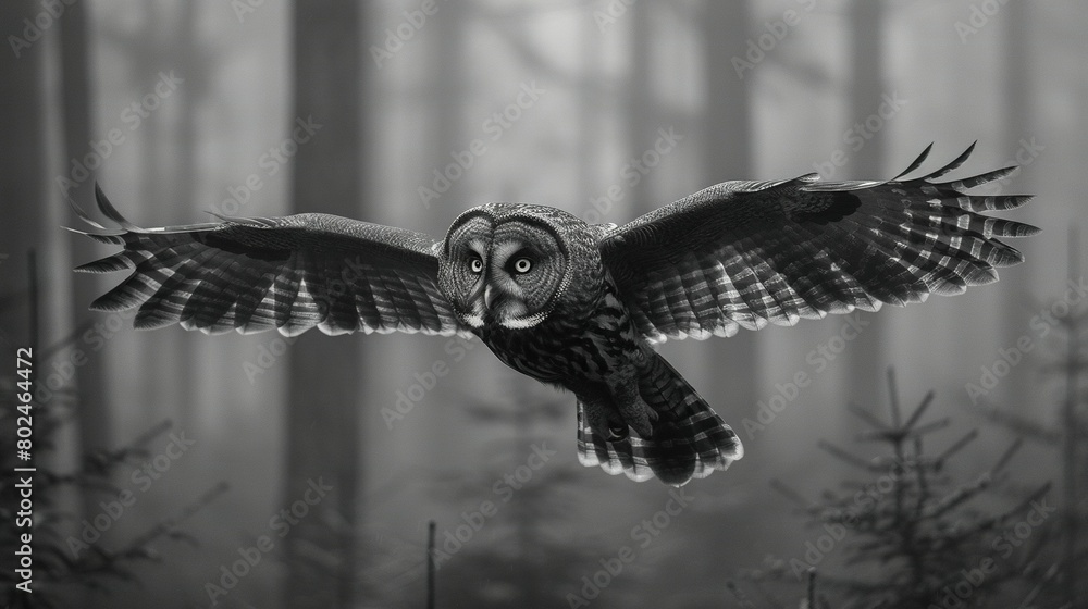 Aufkleber a monochrome picture of a soaring owl against tree-filled backdrop and hazy environment