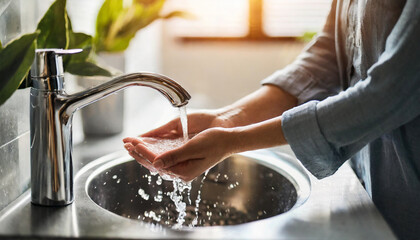 Woman washing hands under faucet in bathroom, backlit, focusing on cleanliness and hygiene