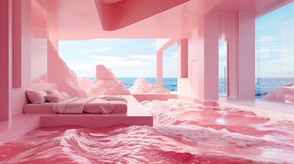 a pink bedroom with furniture that captures the fluidity of ocean waves and the heat of lava,...