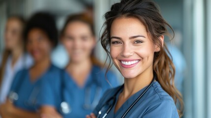 Fototapeta premium Smiling Woman in Scrubs With Group of Nurses
