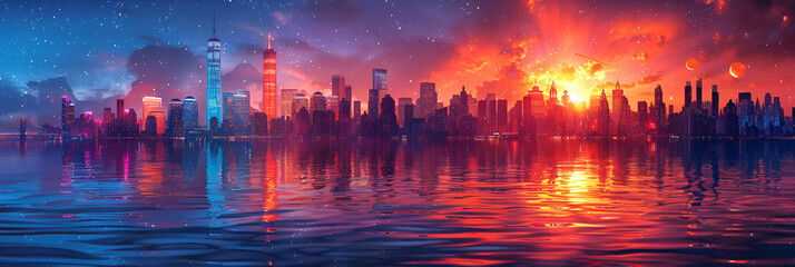 Illustration of Future Cities,
Dystopian Vision A Reflection of Society Against a Fiery Skyline at the Edge of Nightfall
