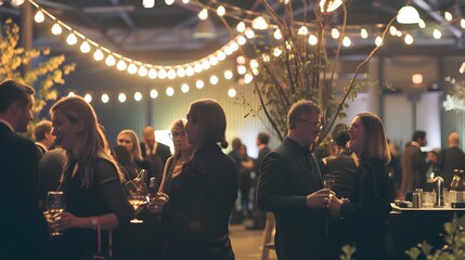 Busy employees interacting at a bustling corporate event