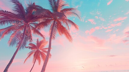 Obraz premium A beach scene with palm trees swaying in the sunlight. The colors are soft and pastel, creating a relaxed and inviting atmosphere. Perfect for a vacation getaway or a tropical-themed party.