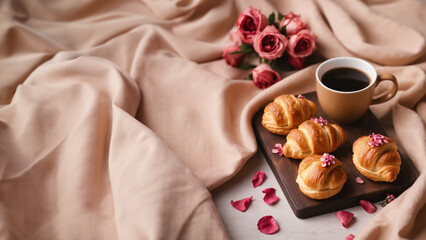 Close up of a cup of coffee, rolls and a bouquet of pink roses on a wooden table. Romantic delicate breakfast or brunch for Valentine's Day, Mother's Day and Women's Day with copy space.