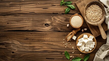 a rustic wood background, showcasing nutritious options like soy-based foods and tofu, ideal for health-conscious individuals seeking plant-based alternatives.