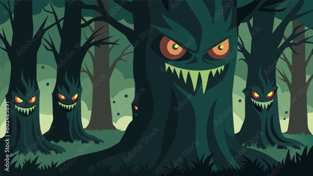 Aufkleber the gnarled trunks of the trees in the fearful forest are dotted with eerie faces that seem to watch