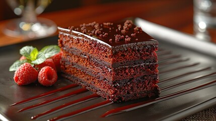   A chocolate cake sits on a plate with raspberries and a glass of water